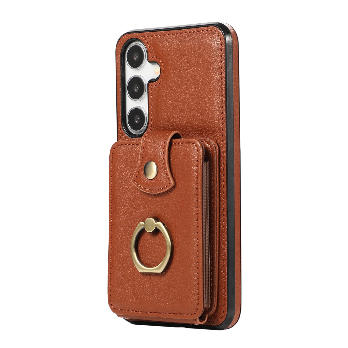 For Samsung Galaxy S24 Dustproof TPU+PU Leather Phone Cover Card Holder Kickstand Mobile Phone Case - Brown
