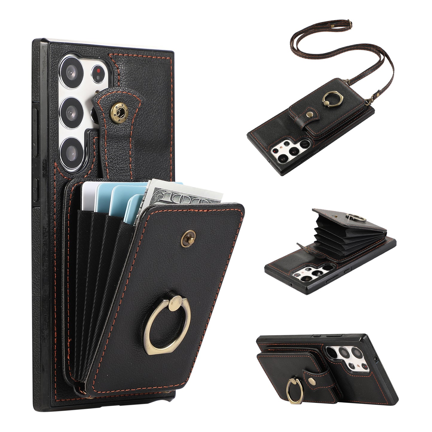 For Samsung Galaxy S24 Ultra Case Shoulder Phone Pouch Kickstand TPU+PU Leather Phone Cover - Black