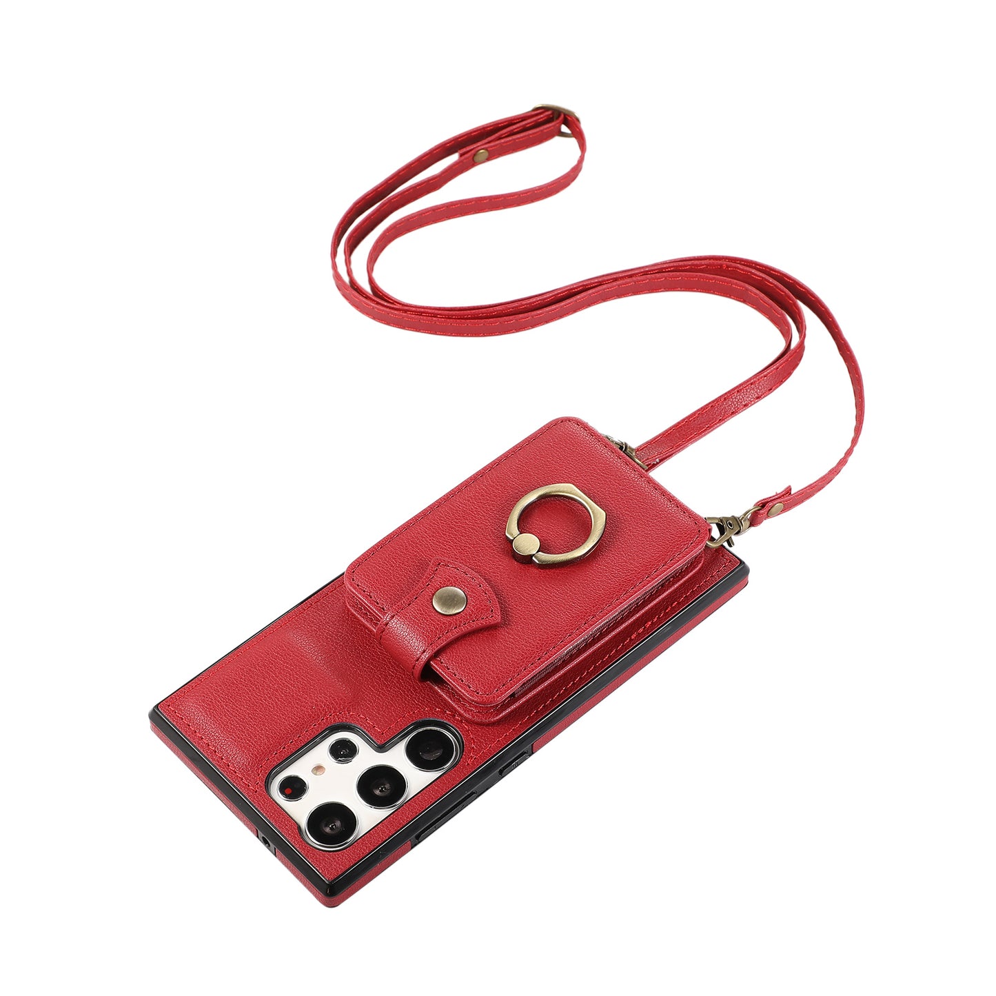 For Samsung Galaxy S24 Ultra Case Shoulder Phone Pouch Kickstand TPU+PU Leather Phone Cover - Red