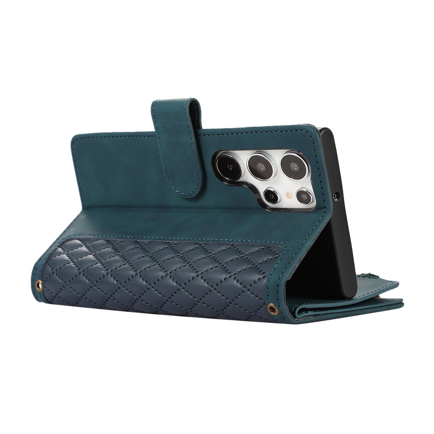For Samsung Galaxy S24 Ultra Case 9 Card Slots Zipper Pocket Wallet Leather Phone Shell with 2 Straps - Green