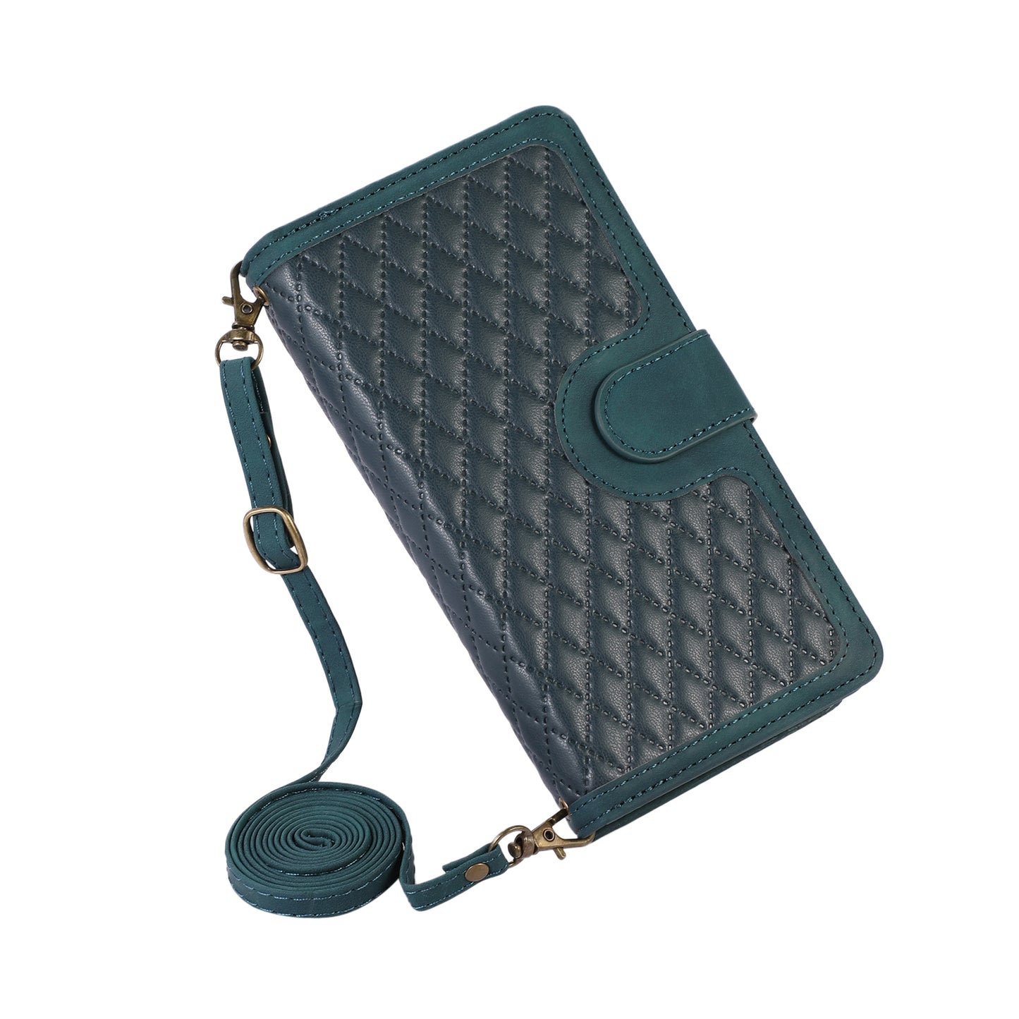 For Samsung Galaxy S24 Ultra Case 9 Card Slots Zipper Pocket Wallet Leather Phone Shell with 2 Straps - Green