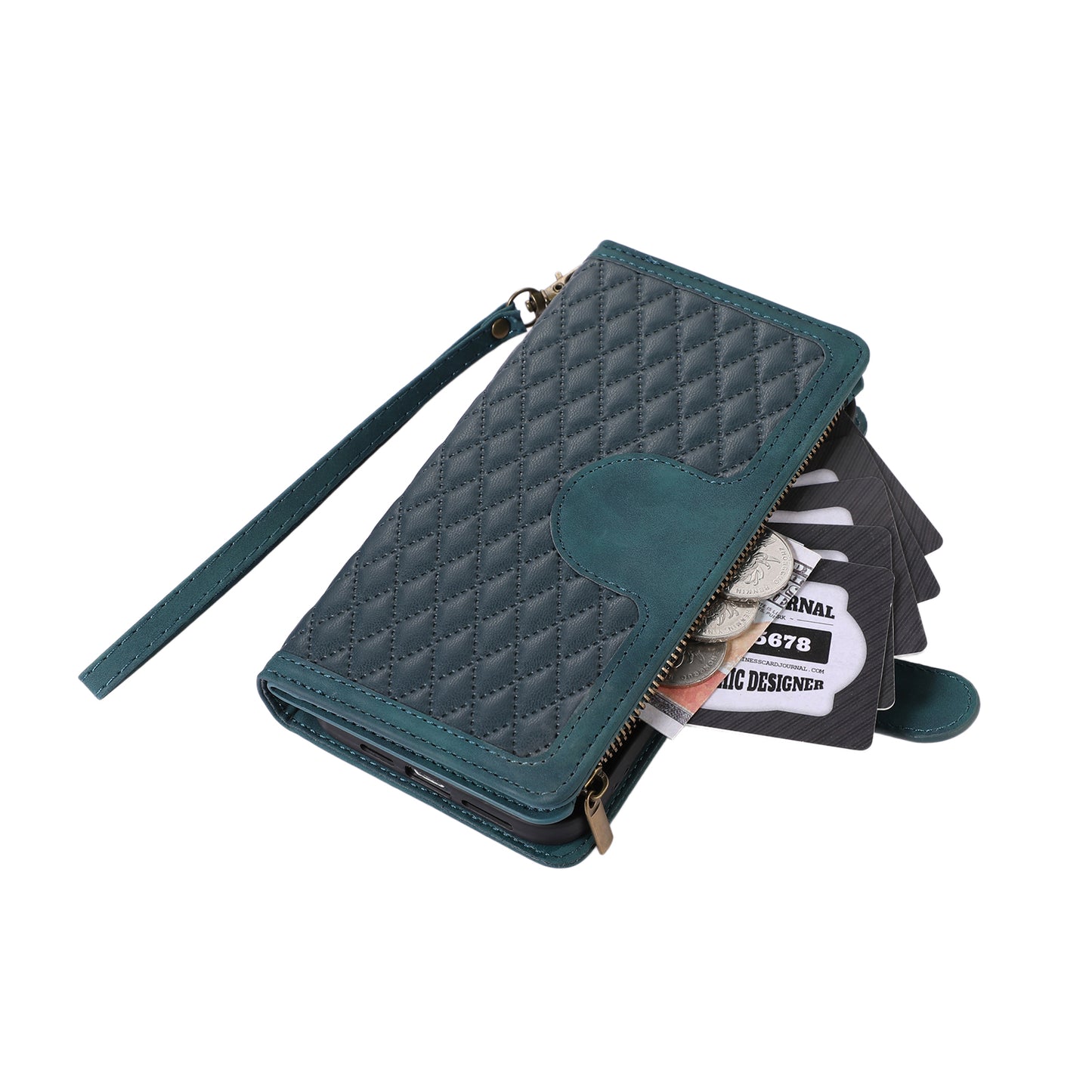 For Samsung Galaxy S24 Ultra Case 9 Card Slots Zipper Pocket Wallet Leather Phone Shell with 2 Straps - Green