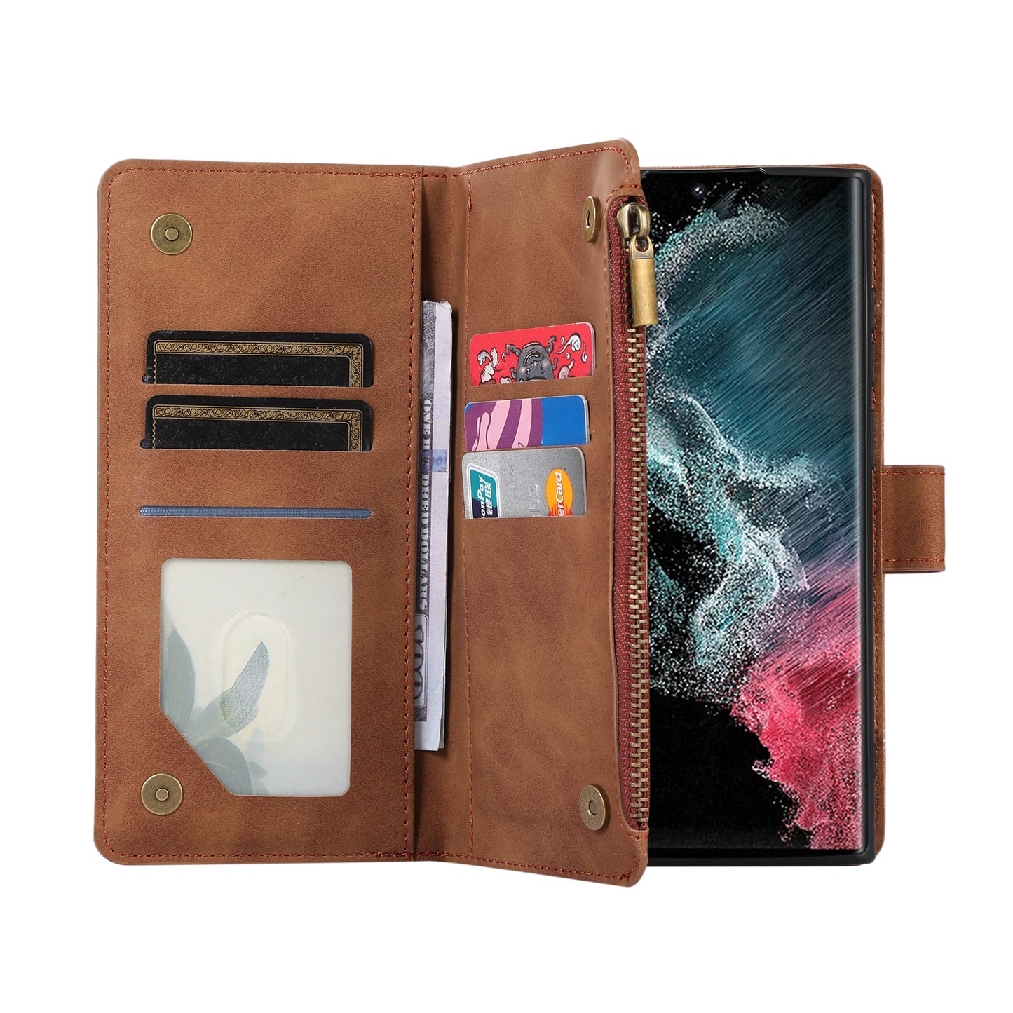 For Samsung Galaxy S24 Ultra Case 9 Card Slots Zipper Pocket Wallet Leather Phone Shell with 2 Straps - Brown