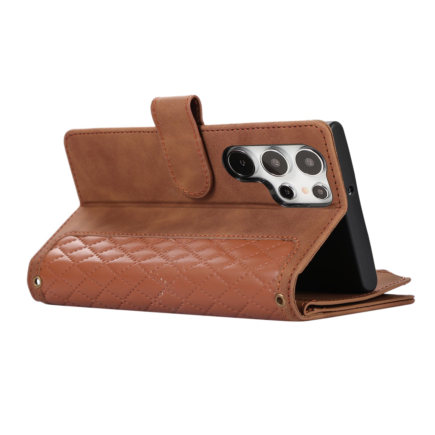 For Samsung Galaxy S24 Ultra Case 9 Card Slots Zipper Pocket Wallet Leather Phone Shell with 2 Straps - Brown