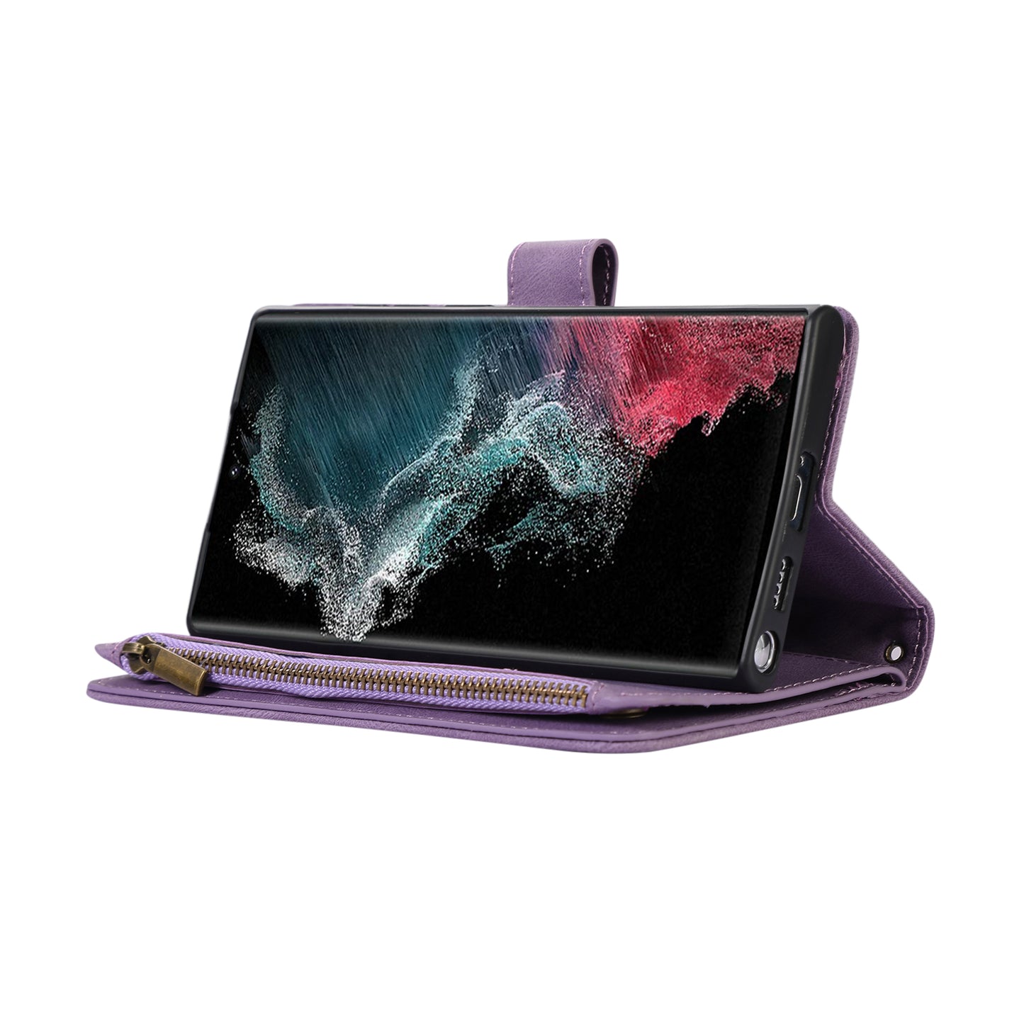 For Samsung Galaxy S24 Ultra Case 9 Card Slots Zipper Pocket Wallet Leather Phone Shell with 2 Straps - Purple