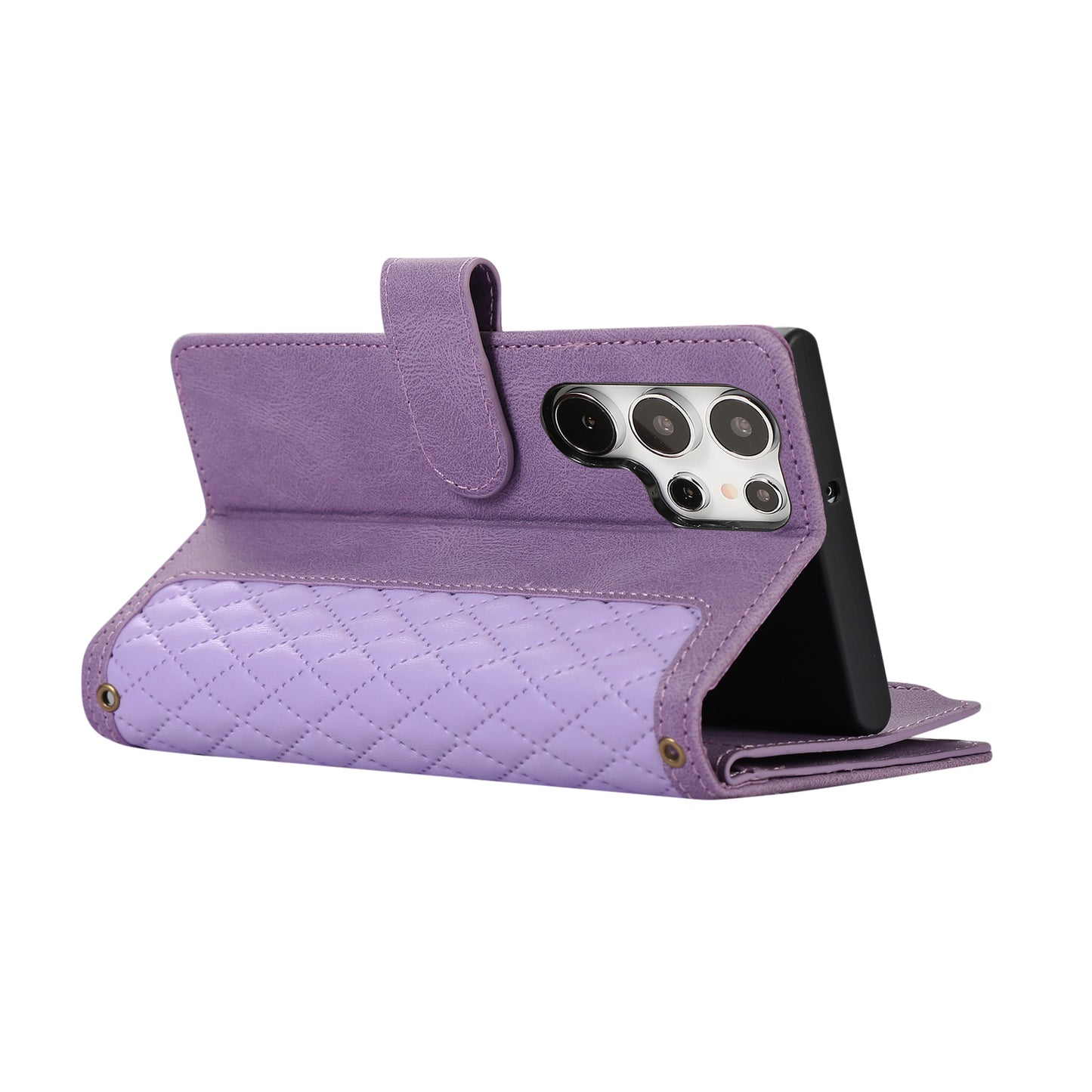 For Samsung Galaxy S24 Ultra Case 9 Card Slots Zipper Pocket Wallet Leather Phone Shell with 2 Straps - Purple