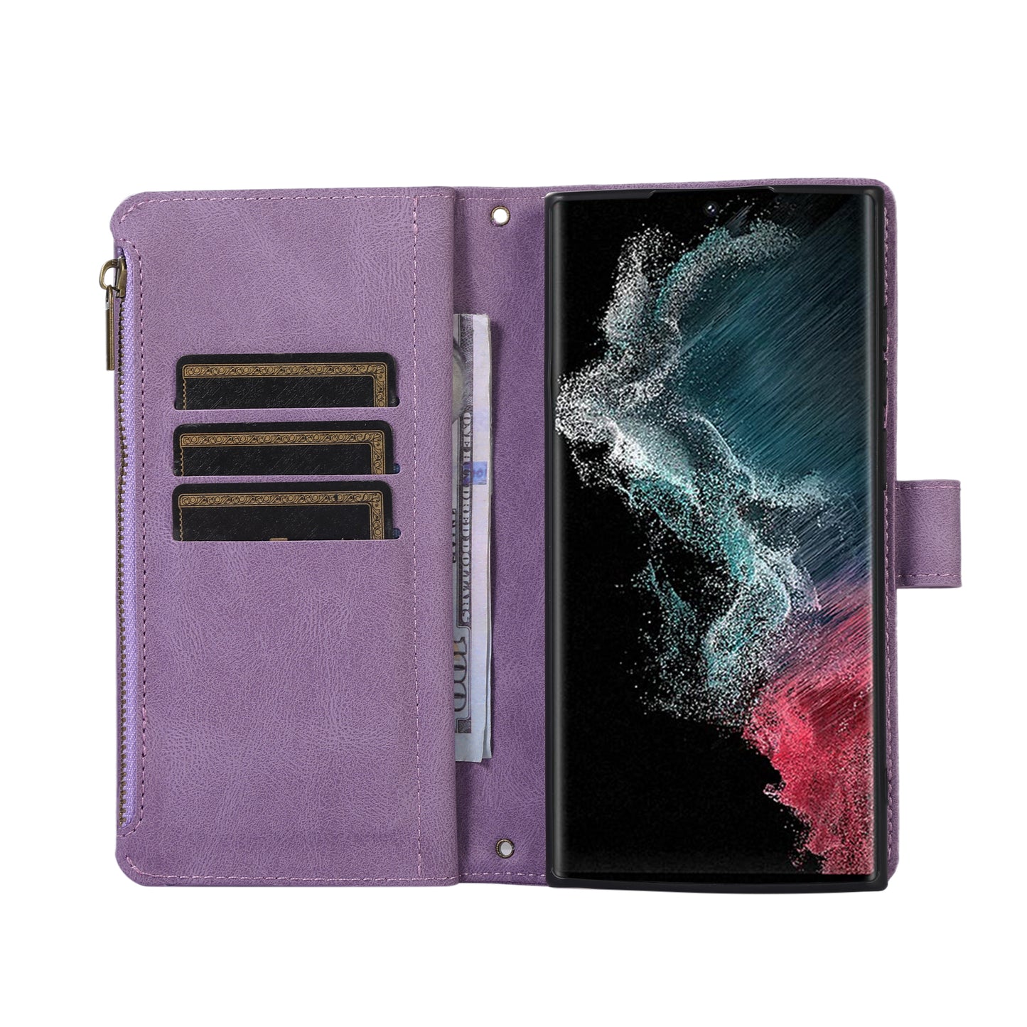 For Samsung Galaxy S24 Ultra Case 9 Card Slots Zipper Pocket Wallet Leather Phone Shell with 2 Straps - Purple