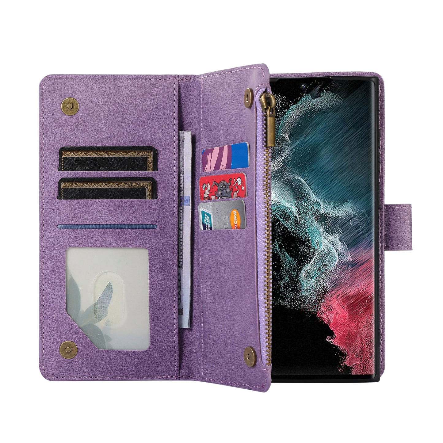 For Samsung Galaxy S24 Ultra Case 9 Card Slots Zipper Pocket Wallet Leather Phone Shell with 2 Straps - Purple