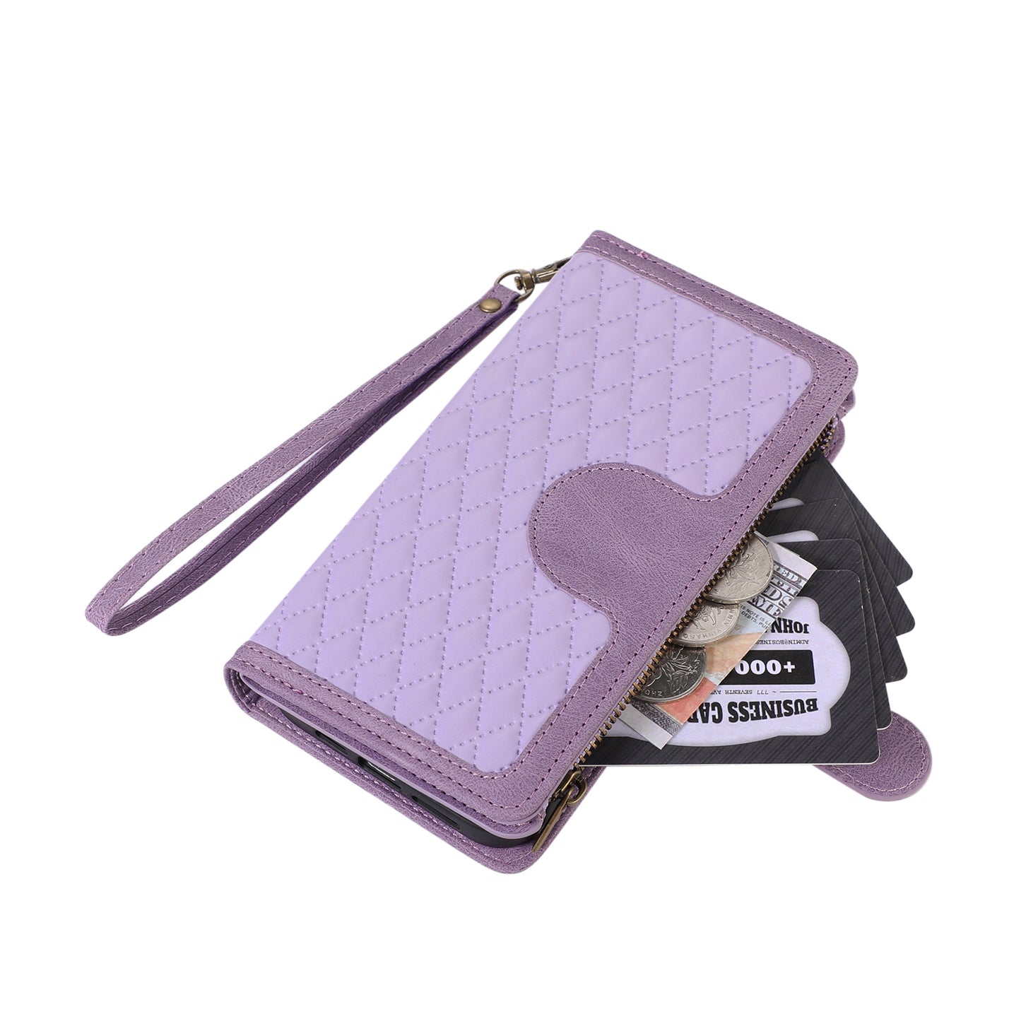 For Samsung Galaxy S24 Ultra Case 9 Card Slots Zipper Pocket Wallet Leather Phone Shell with 2 Straps - Purple