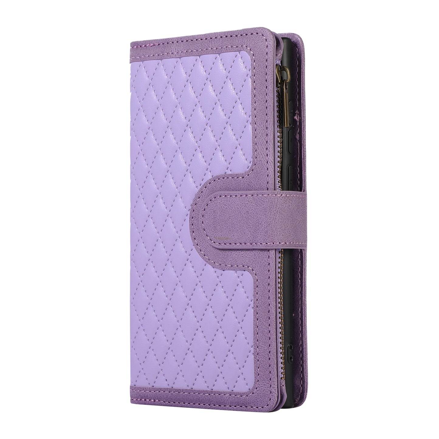 For Samsung Galaxy S24 Ultra Case 9 Card Slots Zipper Pocket Wallet Leather Phone Shell with 2 Straps - Purple