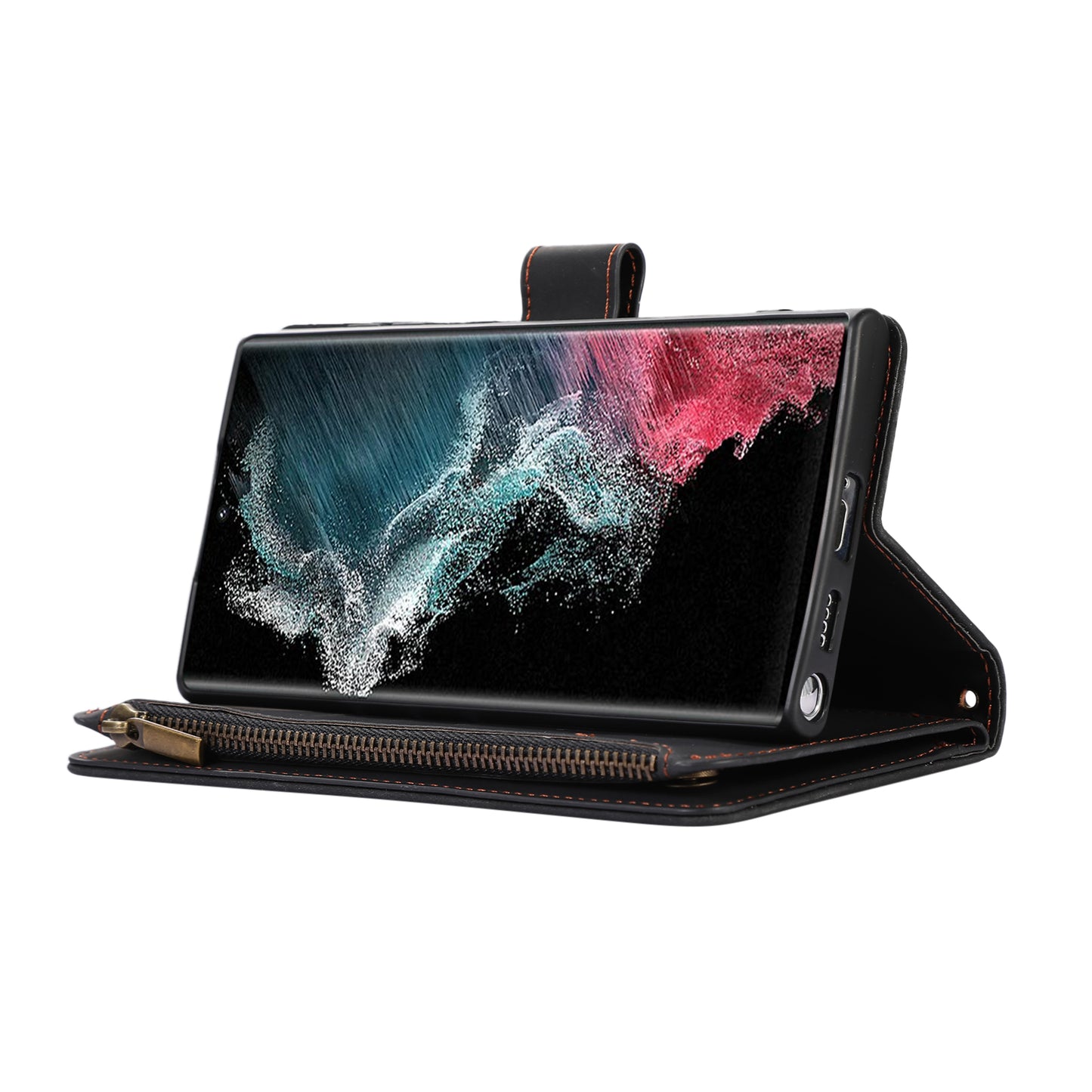 For Samsung Galaxy S24 Ultra Case 9 Card Slots Zipper Pocket Wallet Leather Phone Shell with 2 Straps - Black