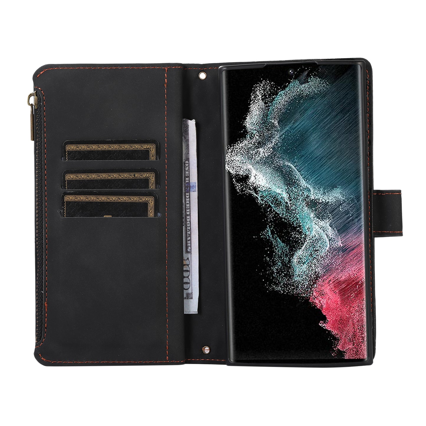 For Samsung Galaxy S24 Ultra Case 9 Card Slots Zipper Pocket Wallet Leather Phone Shell with 2 Straps - Black