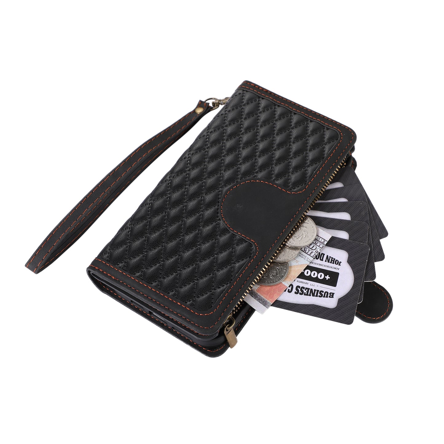 For Samsung Galaxy S24 Ultra Case 9 Card Slots Zipper Pocket Wallet Leather Phone Shell with 2 Straps - Black