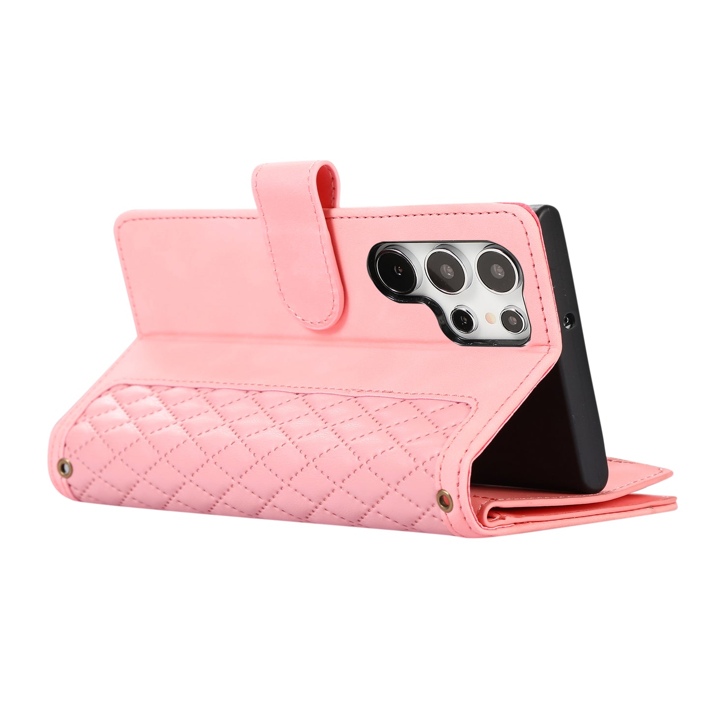 For Samsung Galaxy S24 Ultra Case 9 Card Slots Zipper Pocket Wallet Leather Phone Shell with 2 Straps - Rose Gold