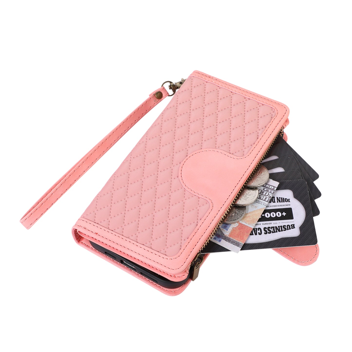 For Samsung Galaxy S24 Ultra Case 9 Card Slots Zipper Pocket Wallet Leather Phone Shell with 2 Straps - Rose Gold