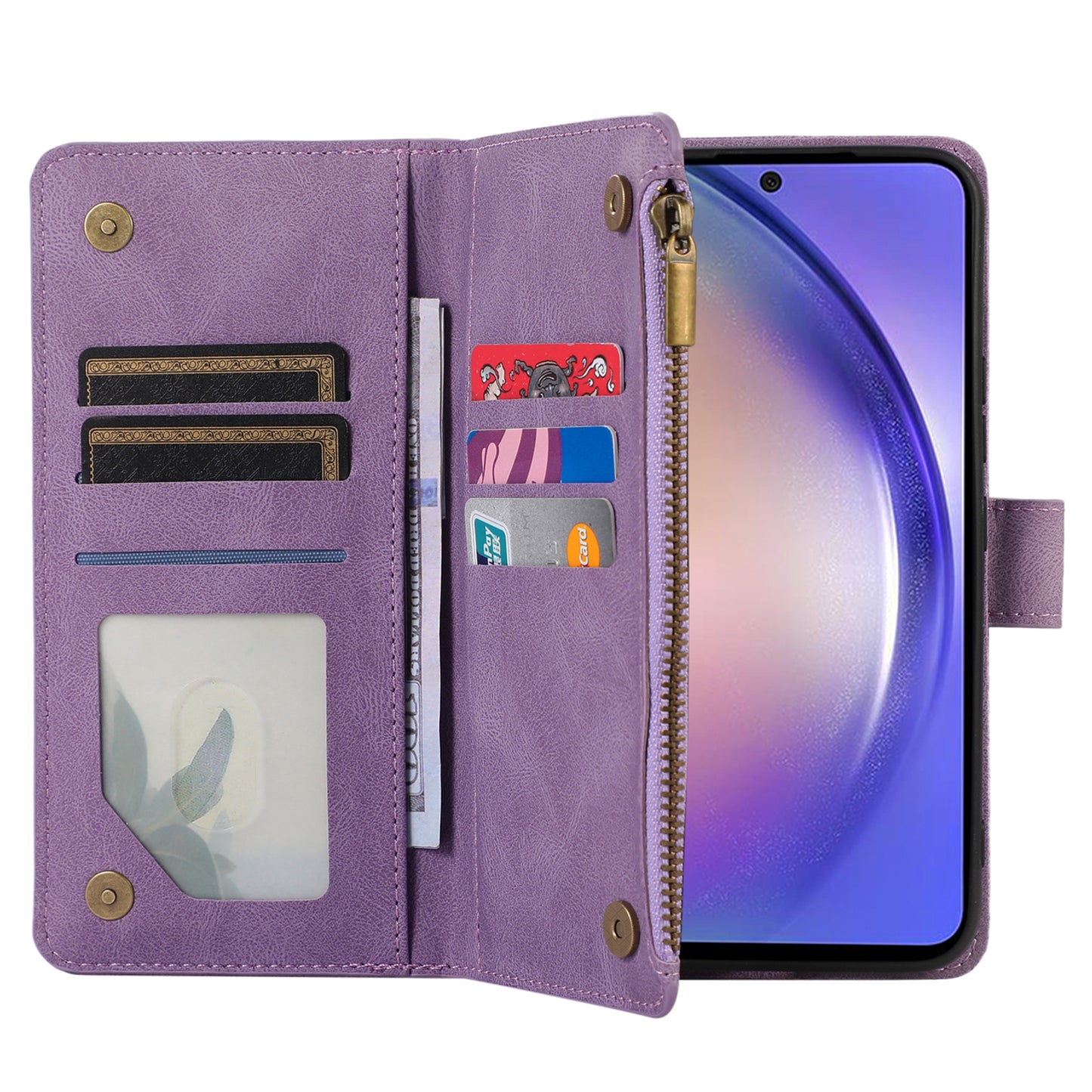 For Samsung Galaxy S24 Cell Phone Case 9 Card Slots Zipper Wallet Leather Stand Cover - Purple