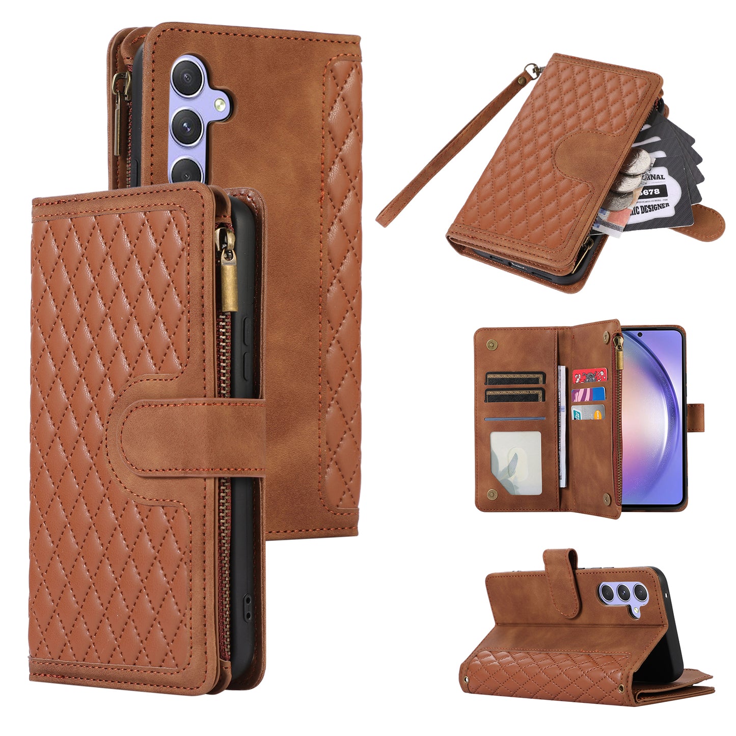 For Samsung Galaxy S24 Cell Phone Case 9 Card Slots Zipper Wallet Leather Stand Cover - Brown