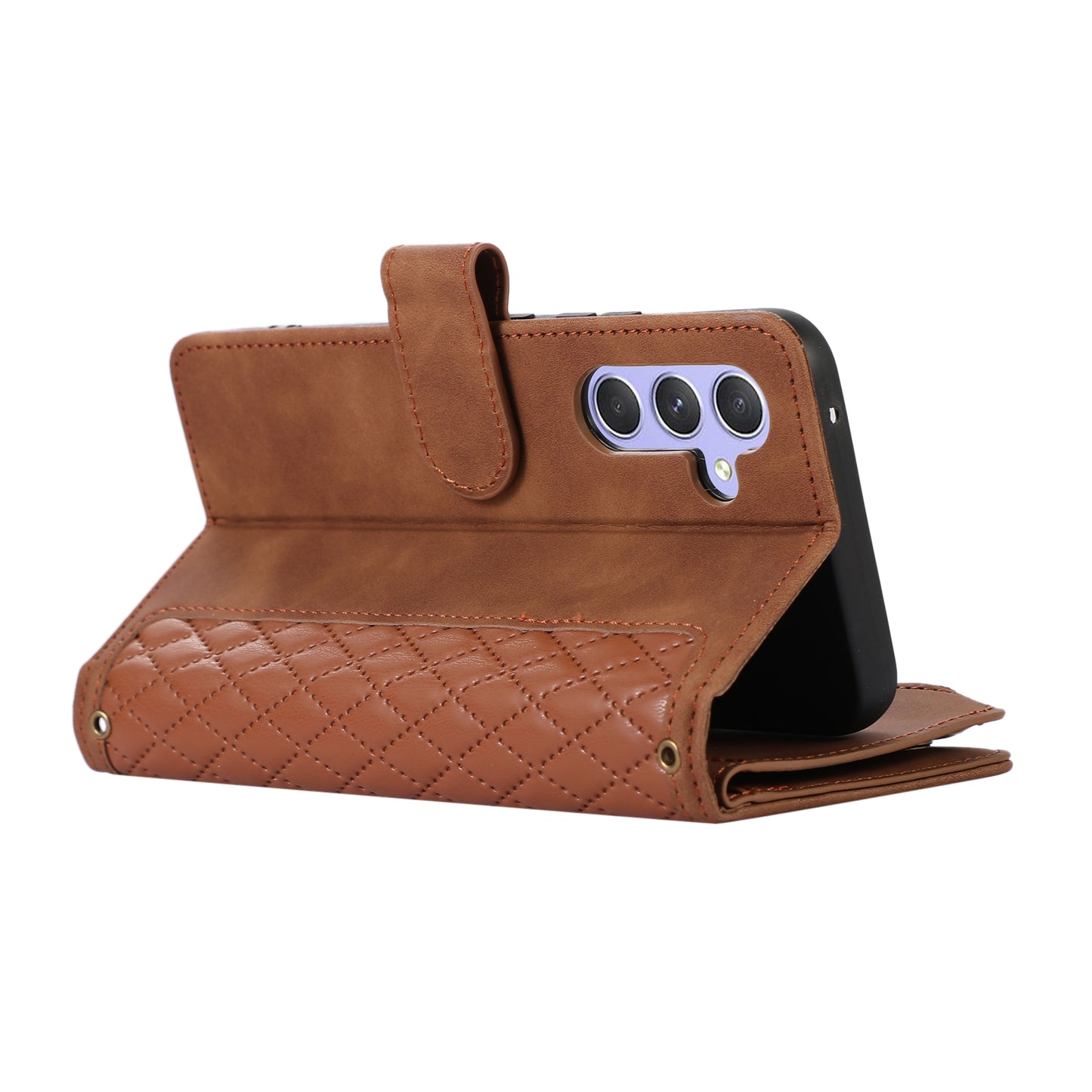 For Samsung Galaxy S24 Cell Phone Case 9 Card Slots Zipper Wallet Leather Stand Cover - Brown