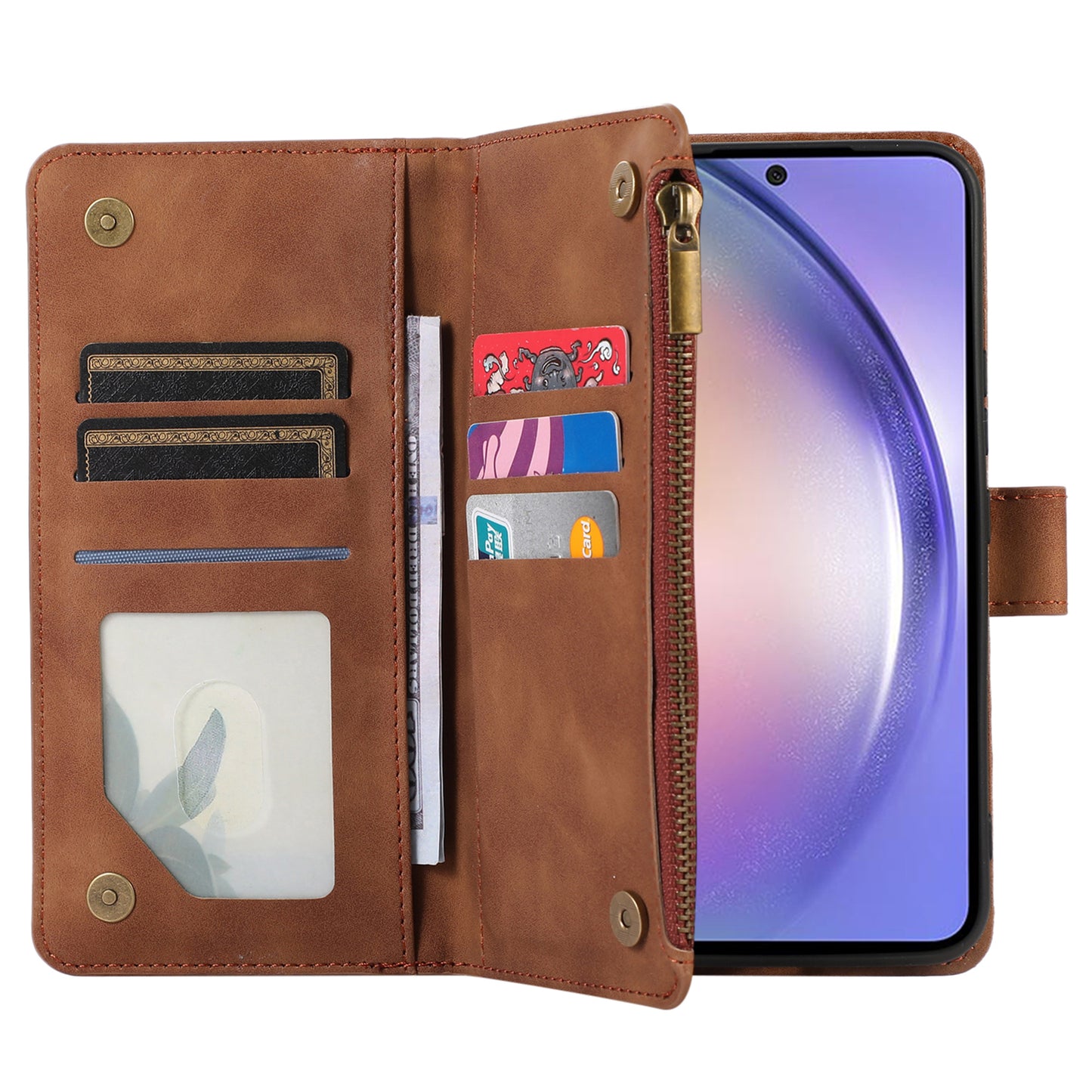 For Samsung Galaxy S24 Cell Phone Case 9 Card Slots Zipper Wallet Leather Stand Cover - Brown