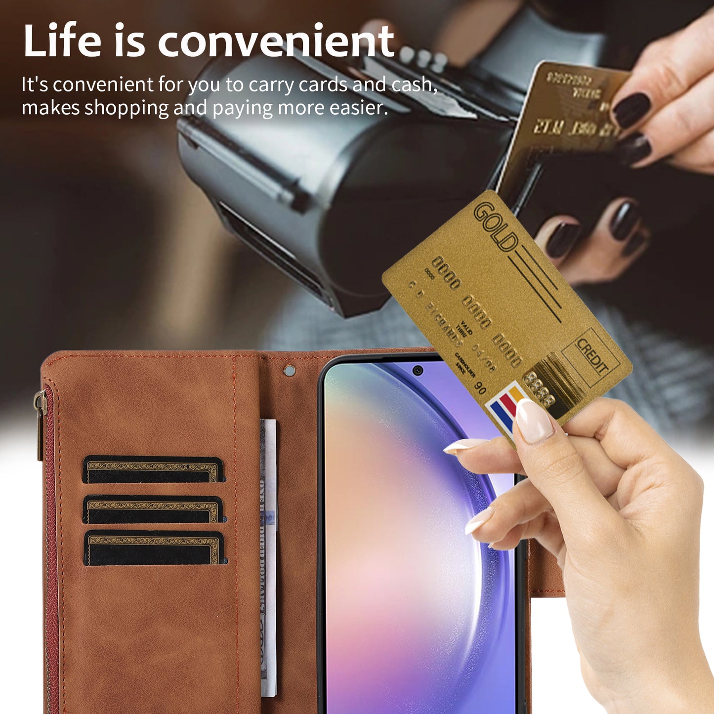For Samsung Galaxy S24 Cell Phone Case 9 Card Slots Zipper Wallet Leather Stand Cover - Brown