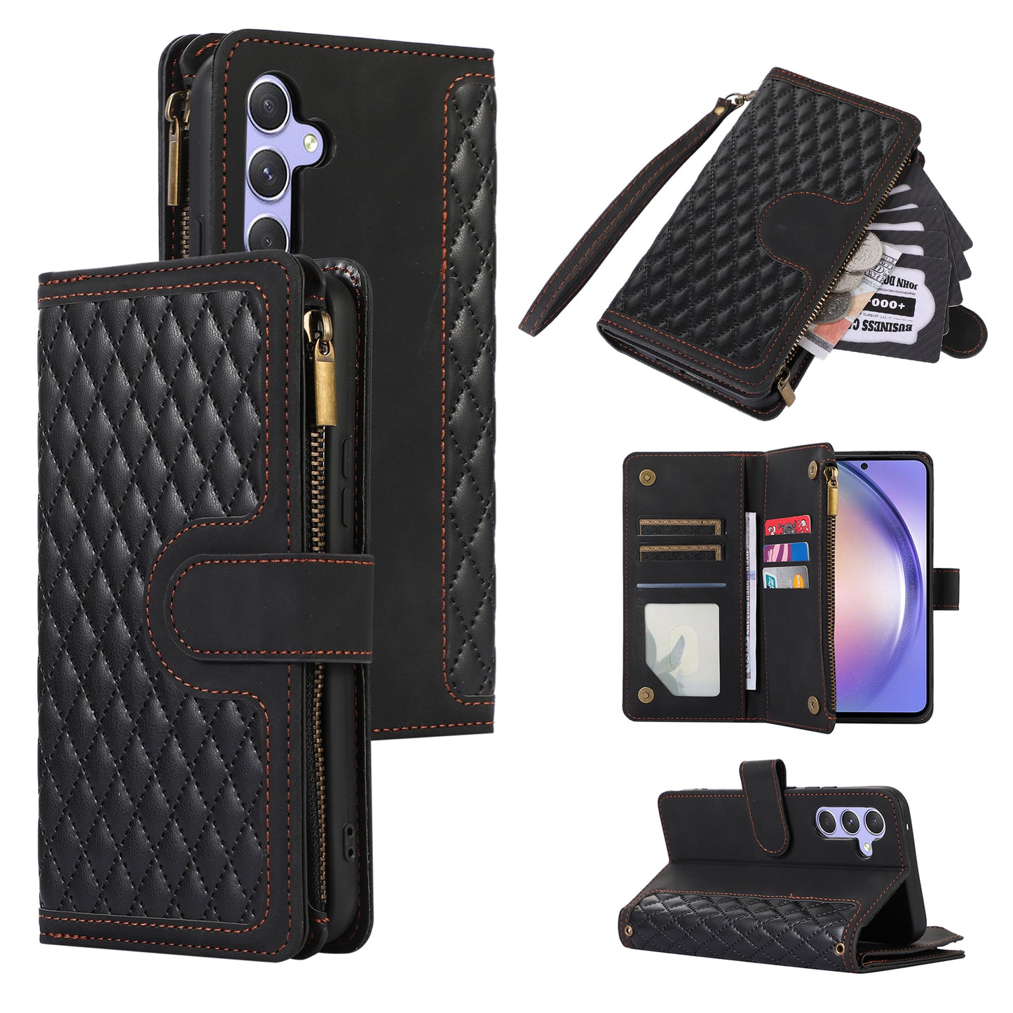 For Samsung Galaxy S24 Cell Phone Case 9 Card Slots Zipper Wallet Leather Stand Cover - Black