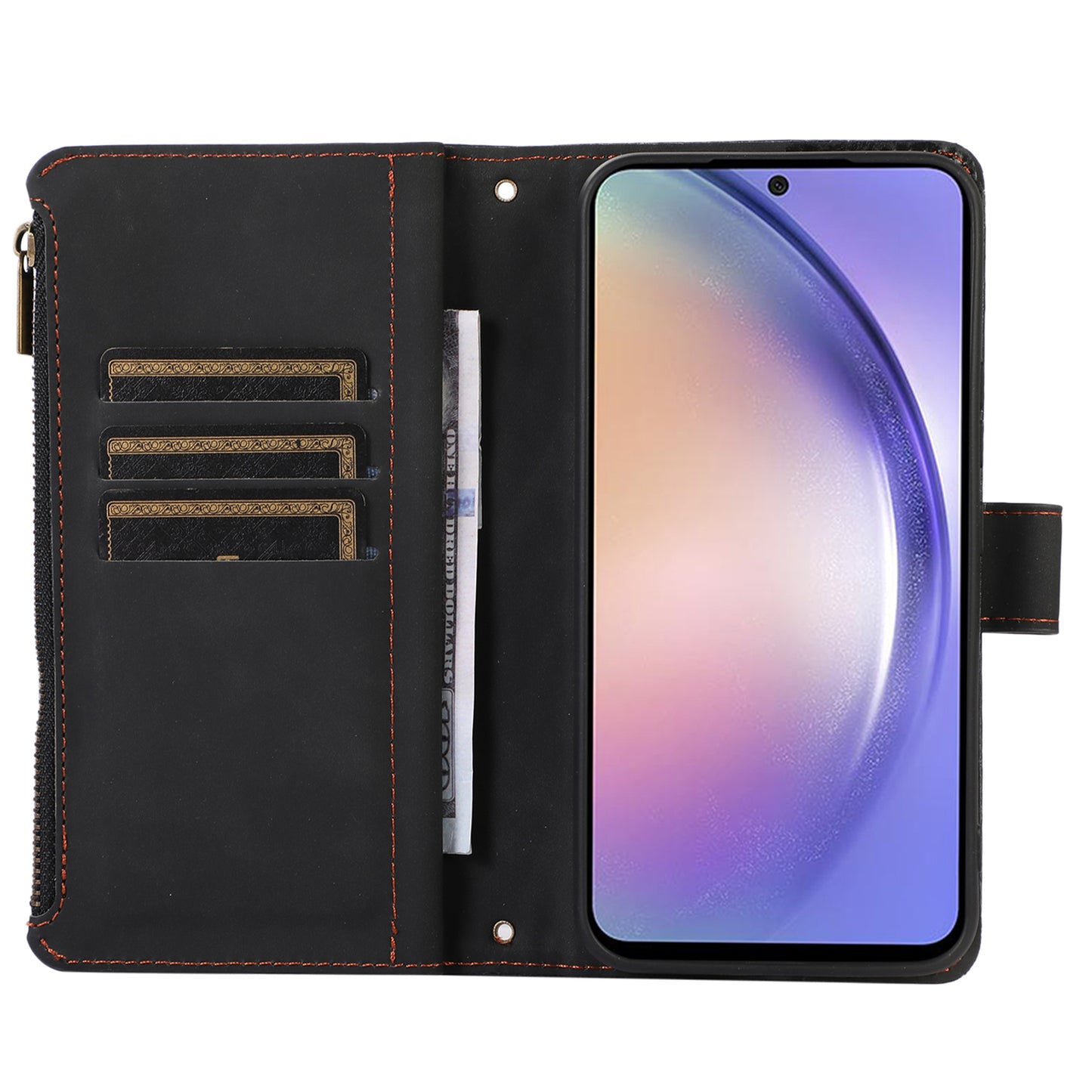 For Samsung Galaxy S24 Cell Phone Case 9 Card Slots Zipper Wallet Leather Stand Cover - Black