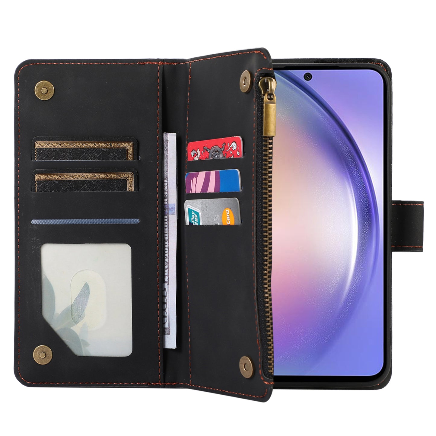 For Samsung Galaxy S24 Cell Phone Case 9 Card Slots Zipper Wallet Leather Stand Cover - Black