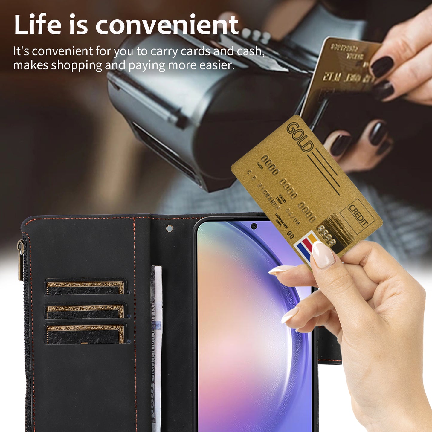 For Samsung Galaxy S24 Cell Phone Case 9 Card Slots Zipper Wallet Leather Stand Cover - Black