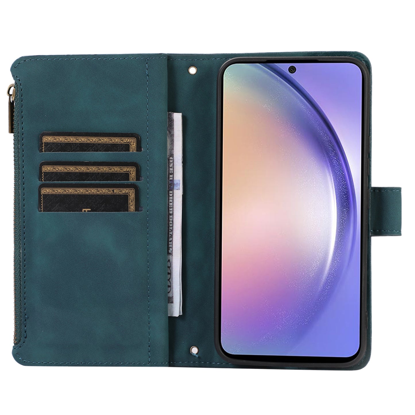 For Samsung Galaxy S24 Cell Phone Case 9 Card Slots Zipper Wallet Leather Stand Cover - Green