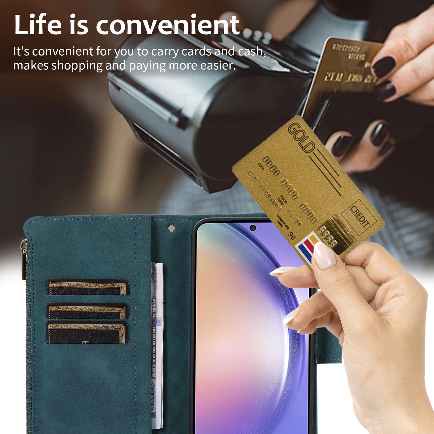 For Samsung Galaxy S24 Cell Phone Case 9 Card Slots Zipper Wallet Leather Stand Cover - Green