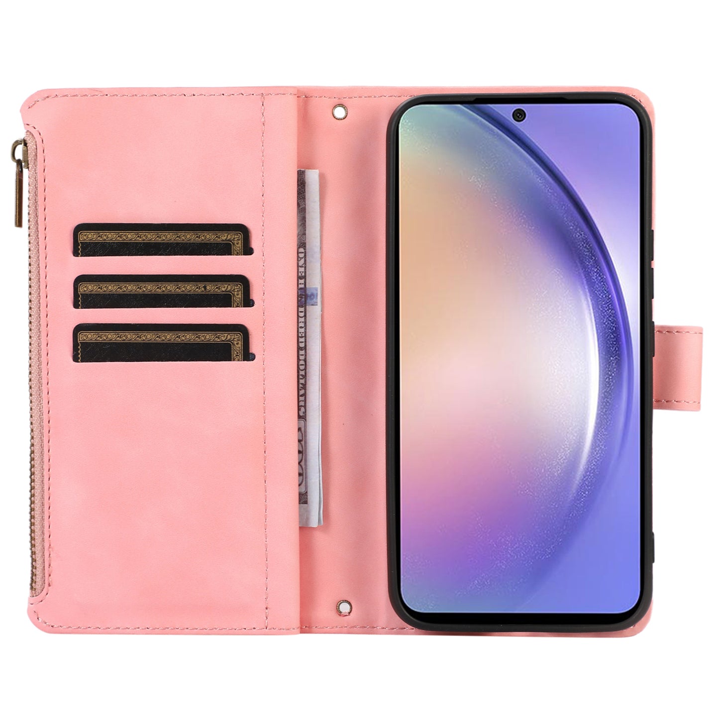 For Samsung Galaxy S24 Cell Phone Case 9 Card Slots Zipper Wallet Leather Stand Cover - Rose Gold