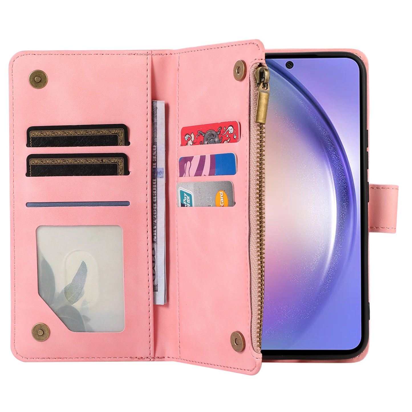 For Samsung Galaxy S24 Cell Phone Case 9 Card Slots Zipper Wallet Leather Stand Cover - Rose Gold