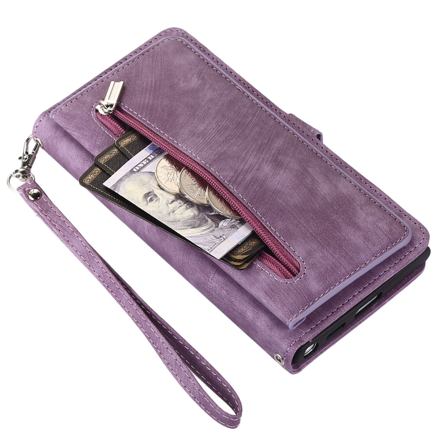 For Samsung Galaxy S24 Ultra Case PU Leather 9 Card Slots Phone Cover with Shoulder Strap - Purple