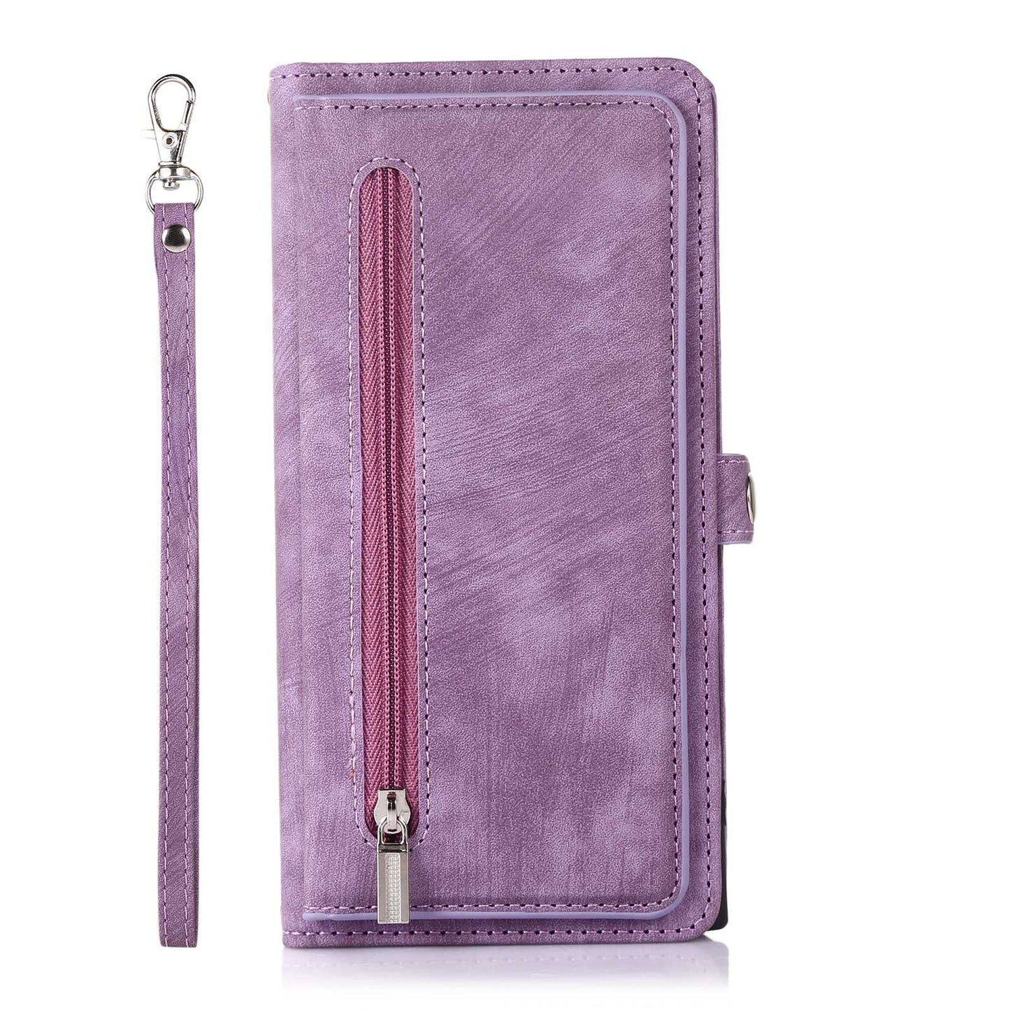 For Samsung Galaxy S24 Ultra Case PU Leather 9 Card Slots Phone Cover with Shoulder Strap - Purple