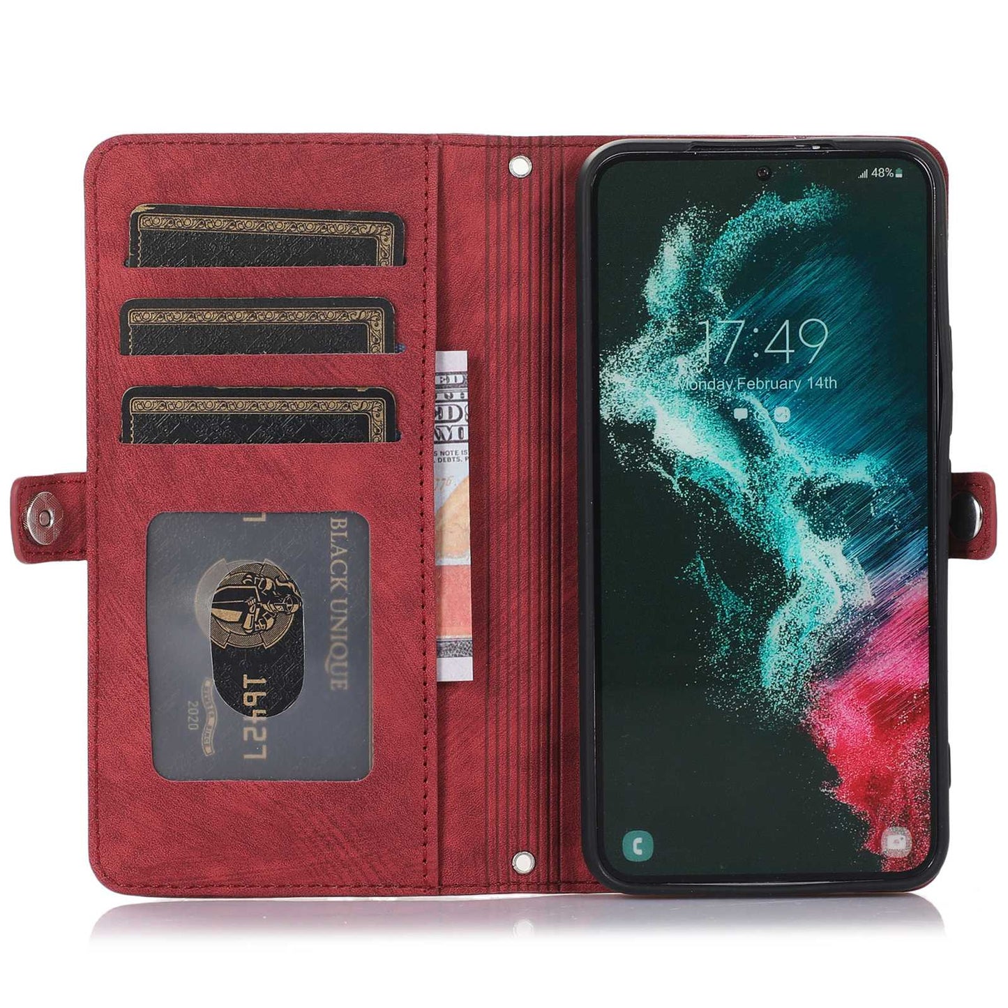 For Samsung Galaxy S24 Ultra Case PU Leather 9 Card Slots Phone Cover with Shoulder Strap - Red