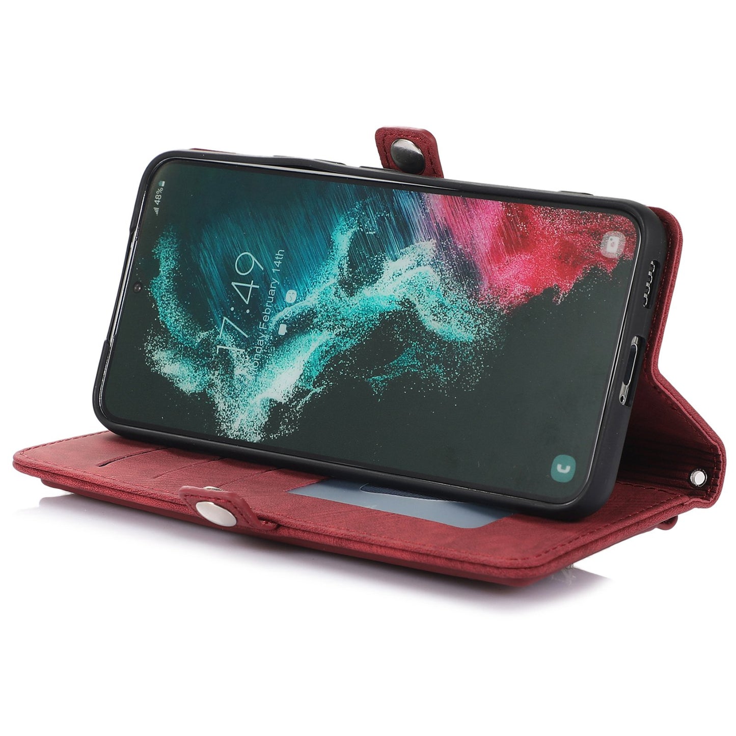 For Samsung Galaxy S24 Ultra Case PU Leather 9 Card Slots Phone Cover with Shoulder Strap - Red