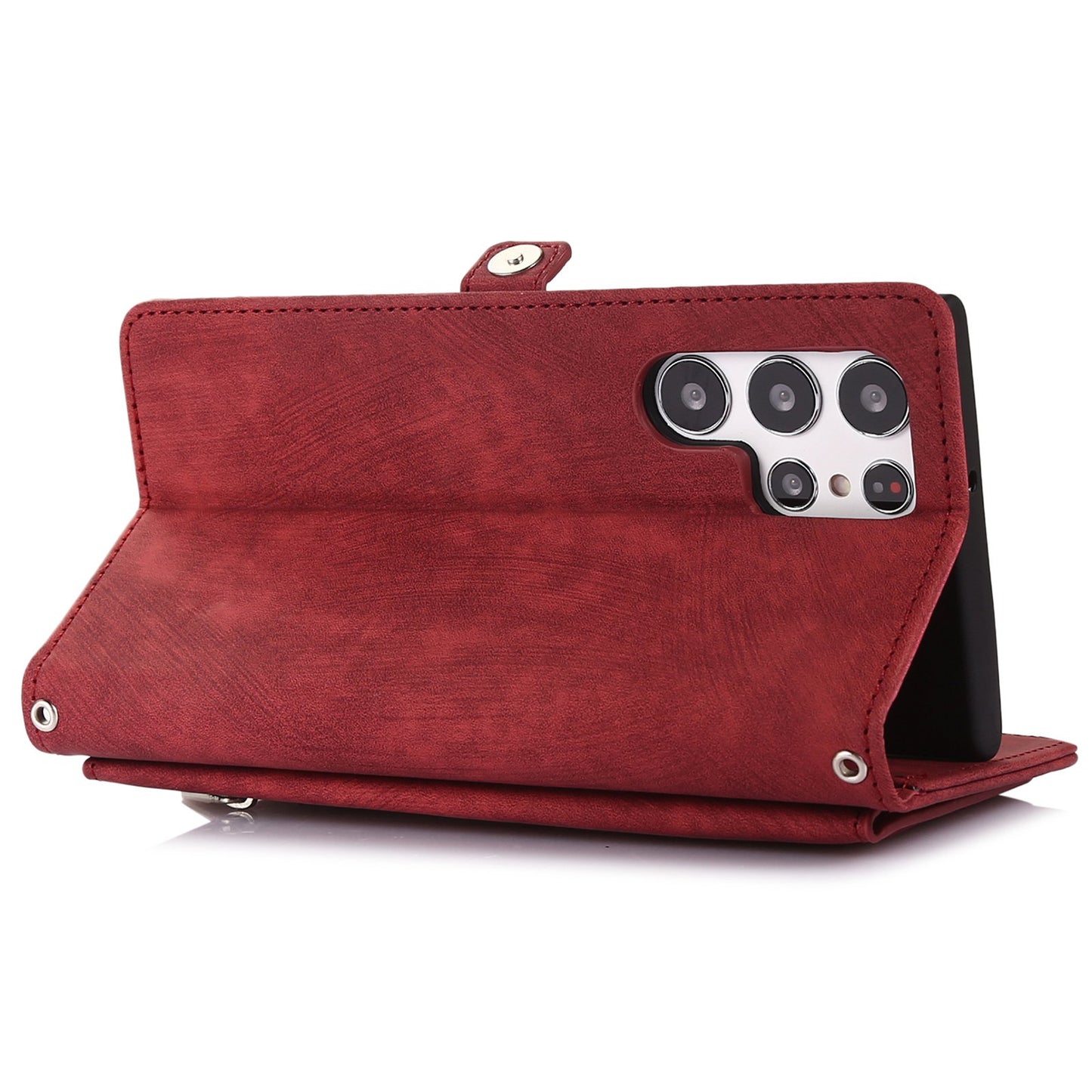 For Samsung Galaxy S24 Ultra Case PU Leather 9 Card Slots Phone Cover with Shoulder Strap - Red