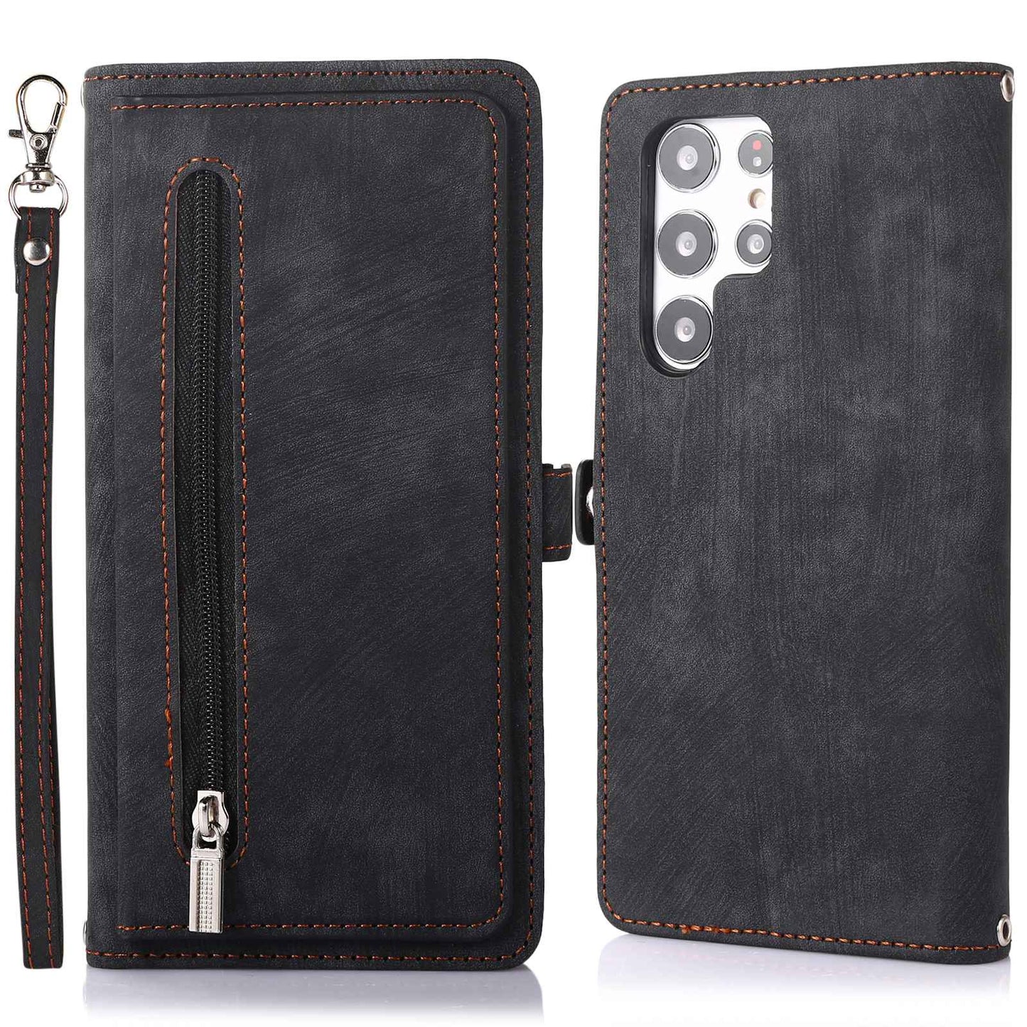 For Samsung Galaxy S24 Ultra Case PU Leather 9 Card Slots Phone Cover with Shoulder Strap - Black