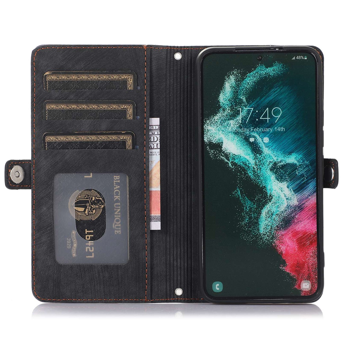 For Samsung Galaxy S24 Ultra Case PU Leather 9 Card Slots Phone Cover with Shoulder Strap - Black