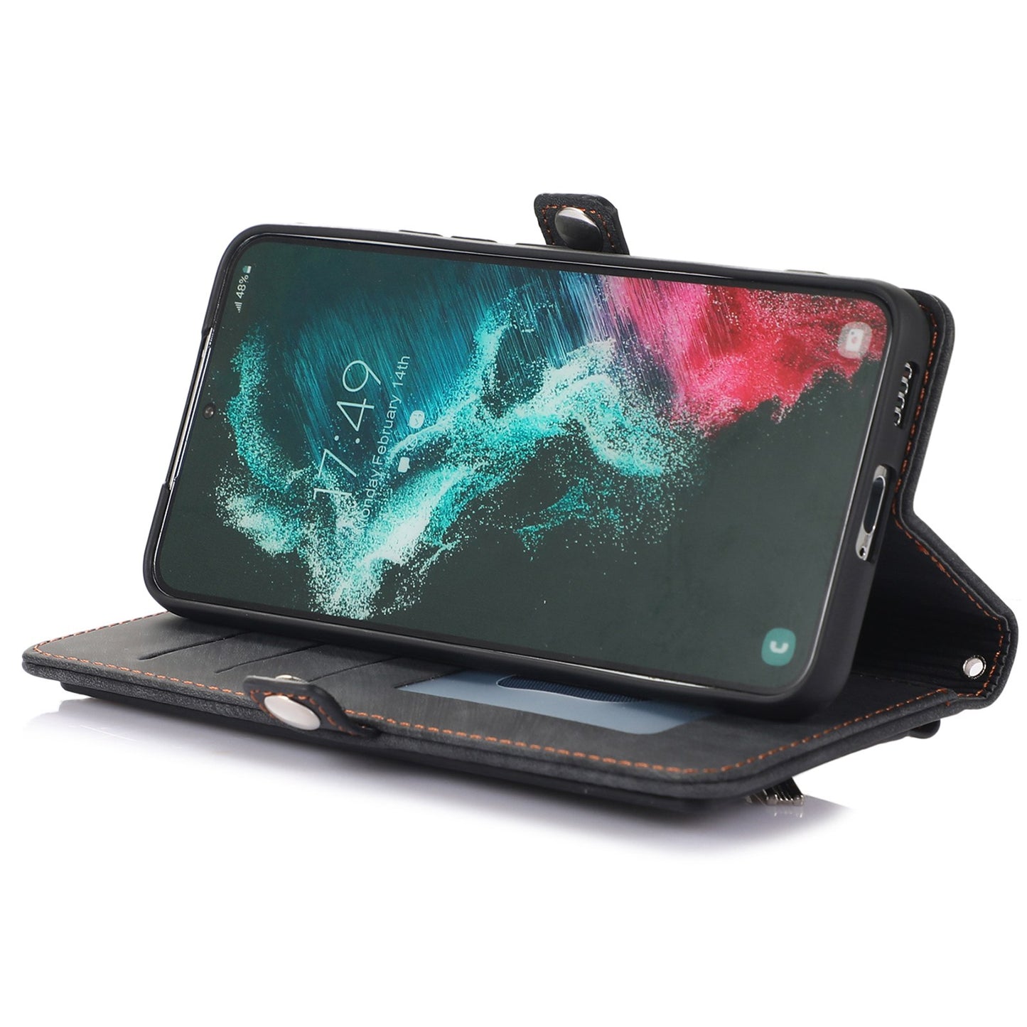 For Samsung Galaxy S24 Ultra Case PU Leather 9 Card Slots Phone Cover with Shoulder Strap - Black