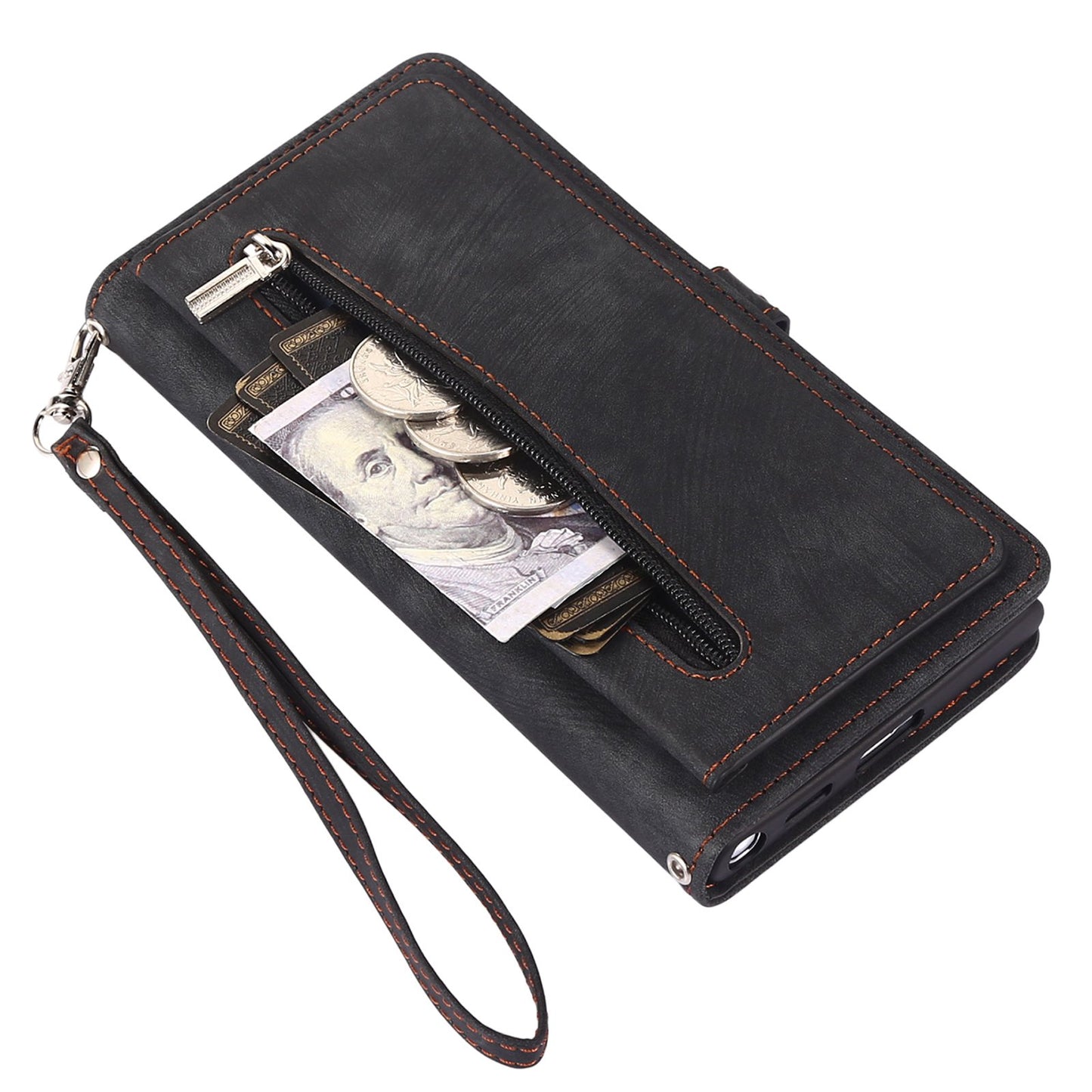 For Samsung Galaxy S24 Ultra Case PU Leather 9 Card Slots Phone Cover with Shoulder Strap - Black