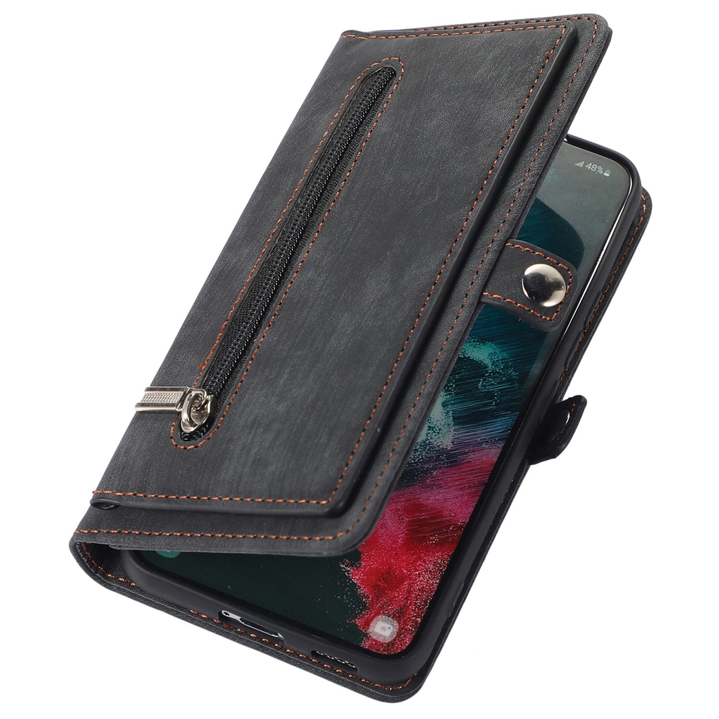 For Samsung Galaxy S24 Ultra Case PU Leather 9 Card Slots Phone Cover with Shoulder Strap - Black