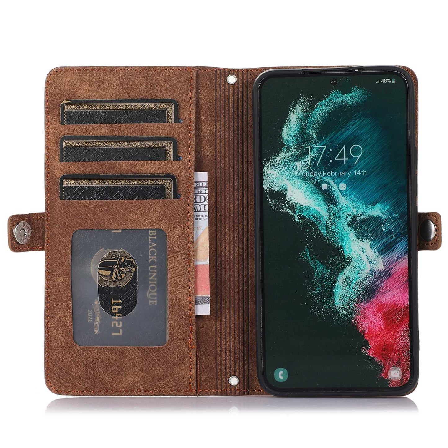 For Samsung Galaxy S24 Ultra Case PU Leather 9 Card Slots Phone Cover with Shoulder Strap - Brown