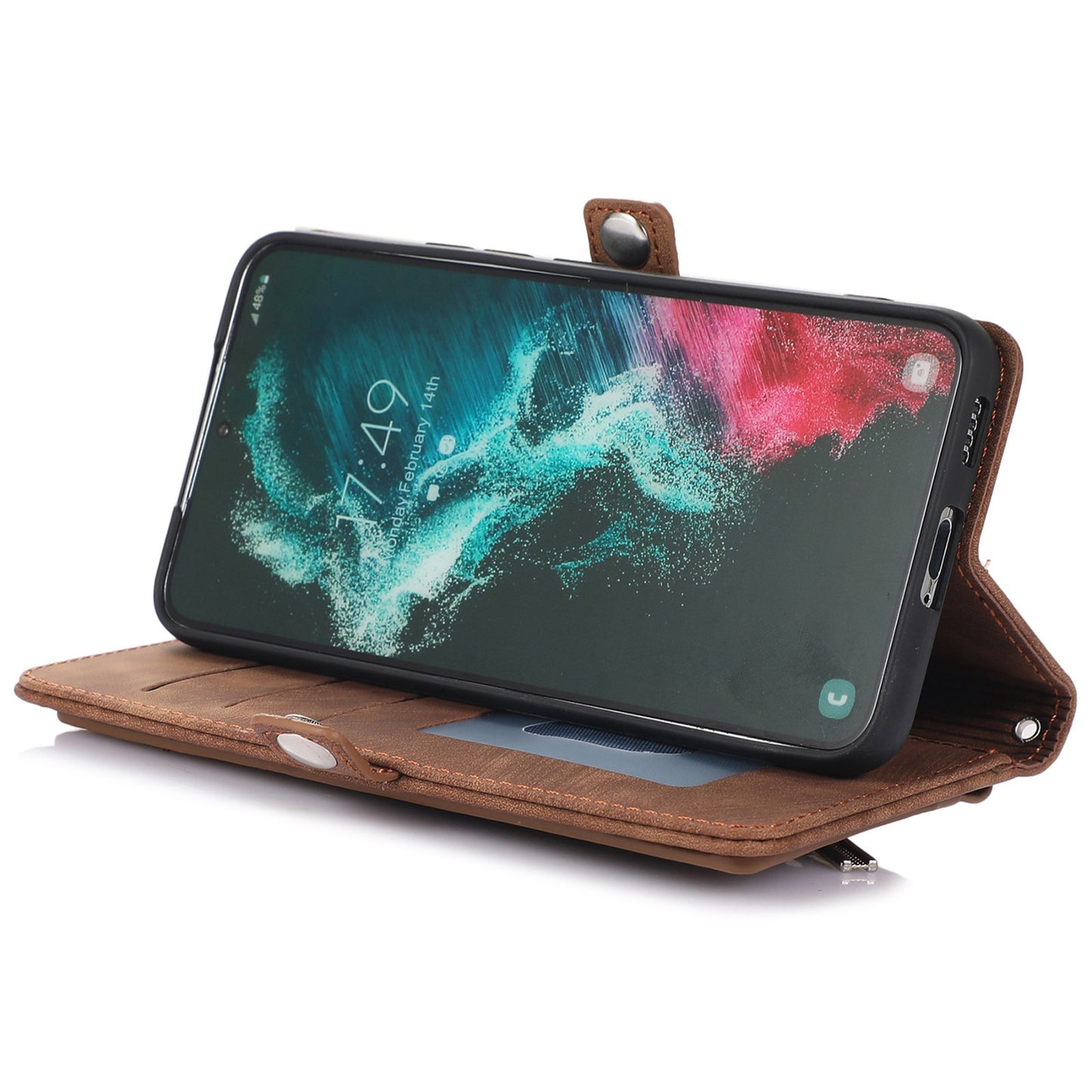 For Samsung Galaxy S24 Ultra Case PU Leather 9 Card Slots Phone Cover with Shoulder Strap - Brown