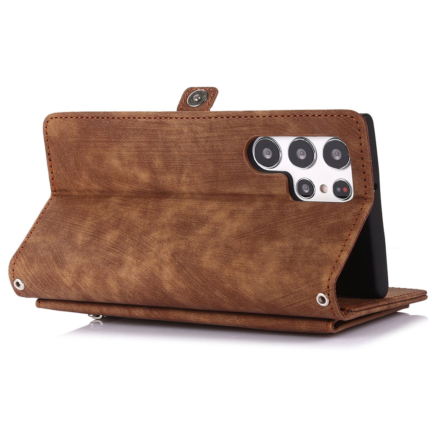 For Samsung Galaxy S24 Ultra Case PU Leather 9 Card Slots Phone Cover with Shoulder Strap - Brown