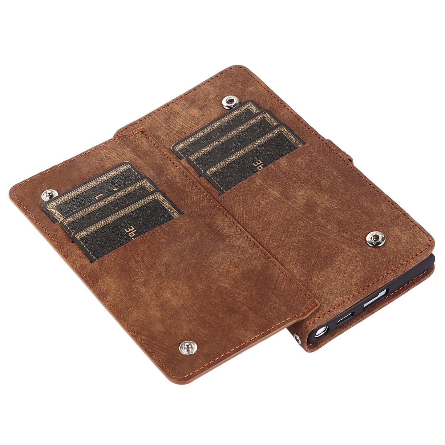 For Samsung Galaxy S24 Ultra Case PU Leather 9 Card Slots Phone Cover with Shoulder Strap - Brown