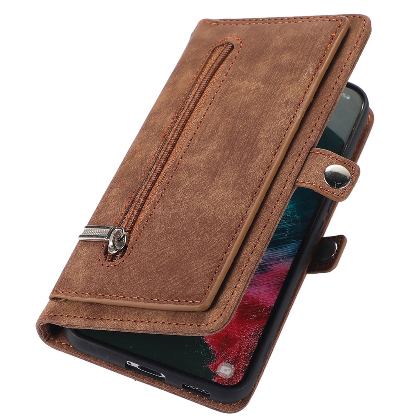 For Samsung Galaxy S24 Ultra Case PU Leather 9 Card Slots Phone Cover with Shoulder Strap - Brown