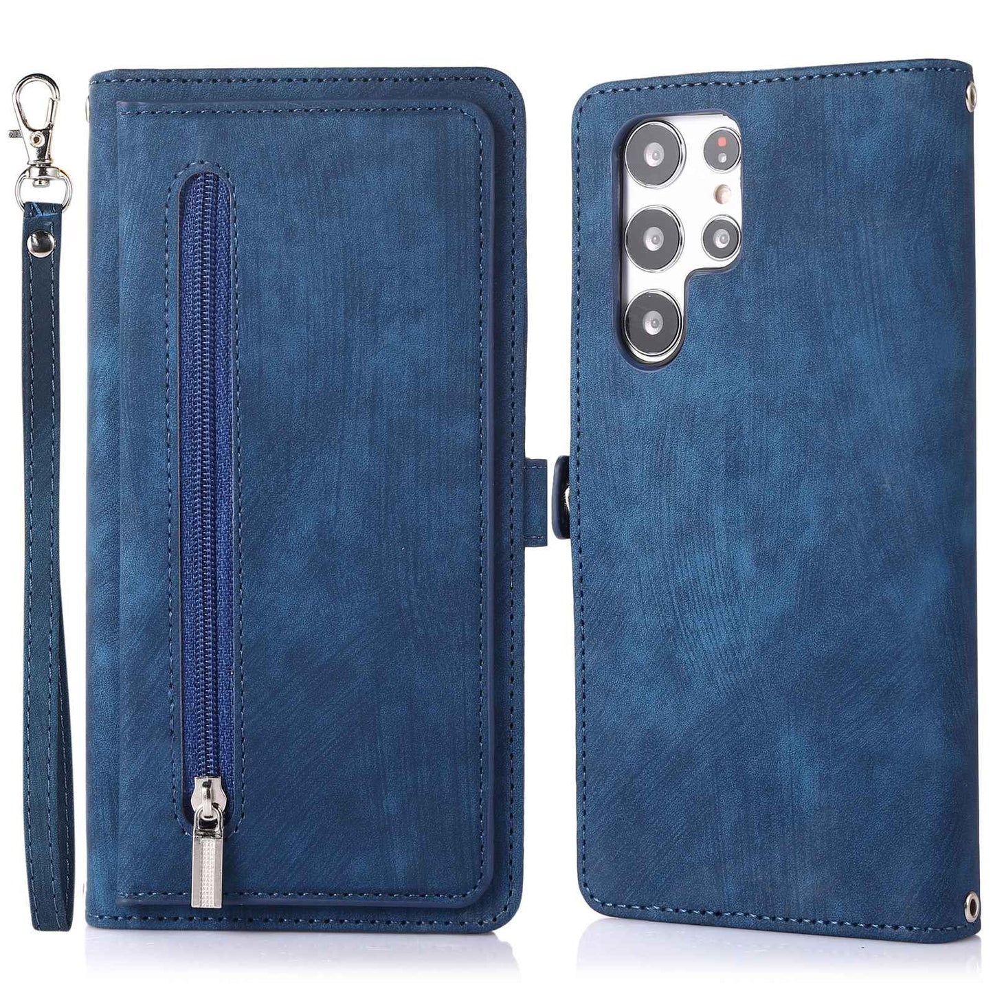 For Samsung Galaxy S24 Ultra Case PU Leather 9 Card Slots Phone Cover with Shoulder Strap - Blue