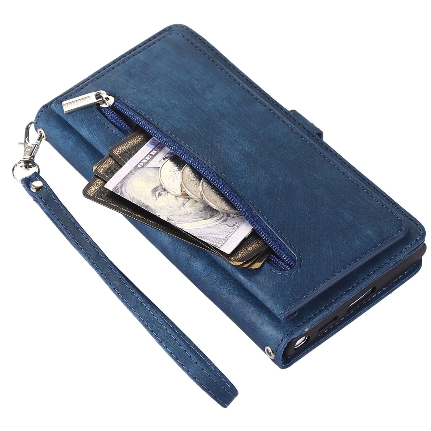 For Samsung Galaxy S24 Ultra Case PU Leather 9 Card Slots Phone Cover with Shoulder Strap - Blue