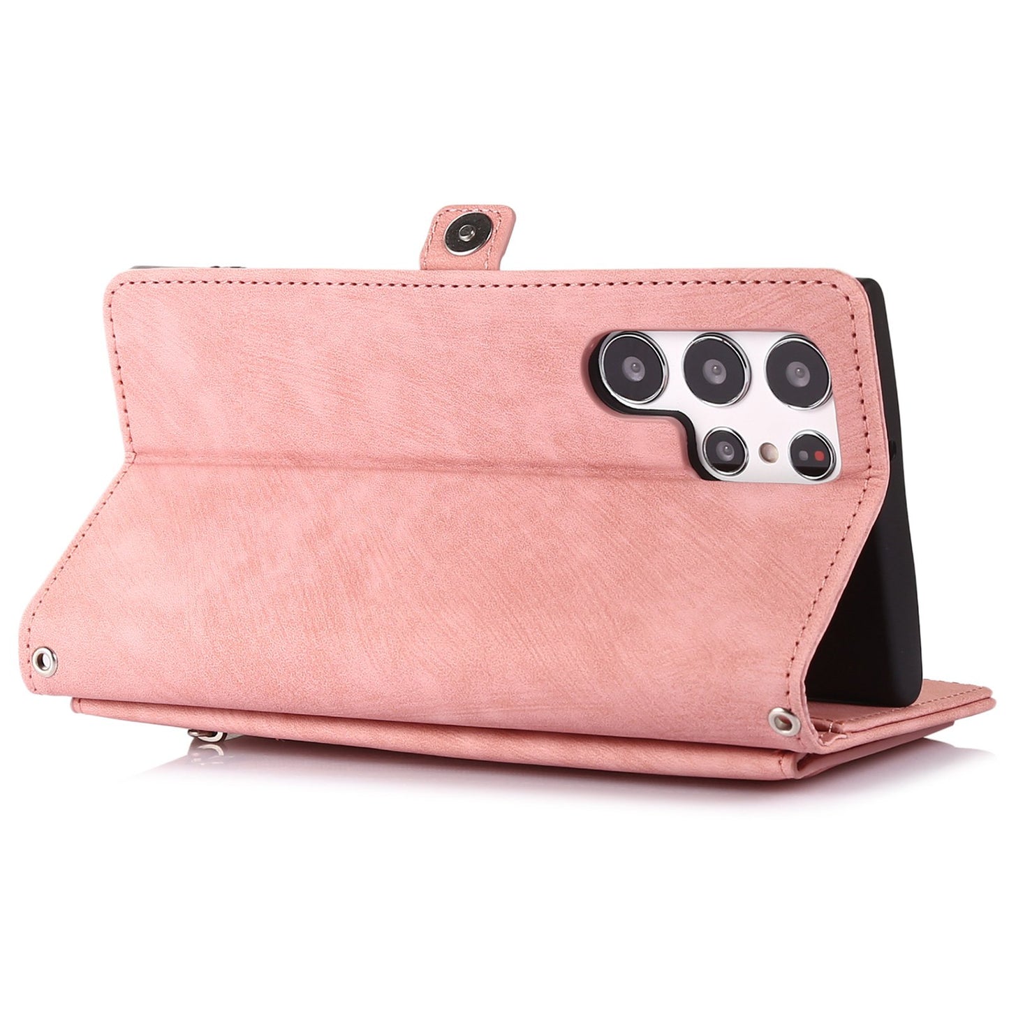 For Samsung Galaxy S24 Ultra Case PU Leather 9 Card Slots Phone Cover with Shoulder Strap - Rose Gold